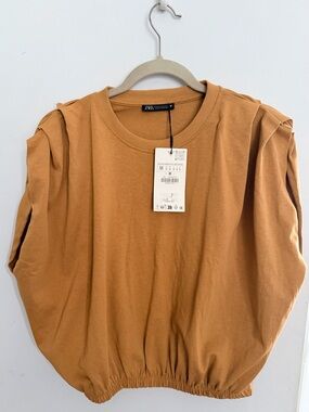 Zara Tan Puff-Sleeve Cotton Sweatshirt
